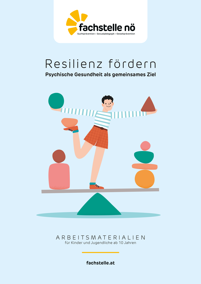 Titelblatt der Broschüre Resilienz fördern. ein gemeinsames Ziel: Mensch jongliert und balanciert gleichzeitig. © Magnific