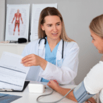 Vorsorgeuntersuchung einer Ärztin. Sie misst den Blutdruck einer Patientin und bearbeitet den Fragebogen für die Vorsorgeuntersuchung. - designed by Freepik - Magnific.com