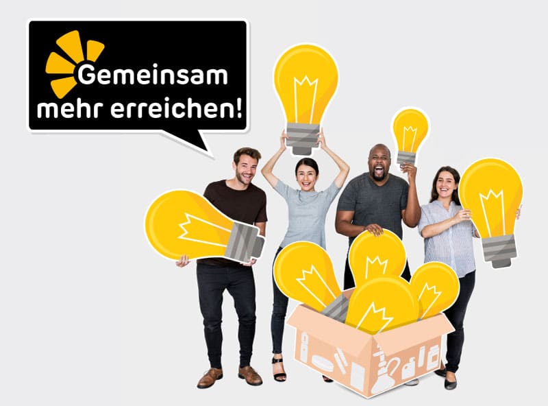 Kollegen halten Schilder in Form von Glüchbirnen in der Hand. Sie stehen vor einer Kiste mit weiteren Glühbirnen-Schildern. Auf der Box sind Symbole von Nikotin-Konsum-Utensilien draufmontiert.. Der Slogan lautet "gemeinsam mehr erreichen". designed by freepik.com